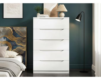 5 Drawer Dresser, Narrow Modern Chest with Hidden Storage & Cut-Out Handles, Slim Bedroom Organizer for Nursery, Living Room,