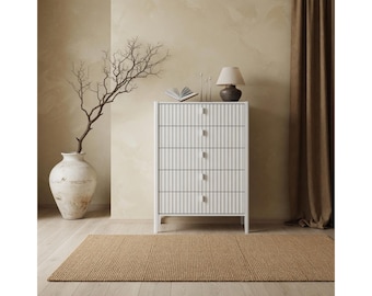 Modern Fluted 5 Drawer Dresser, Narrow Chest of Drawers with Metal Handles, 31.5" Wide Bedroom Storage Cabinet, Entryway or Living Room