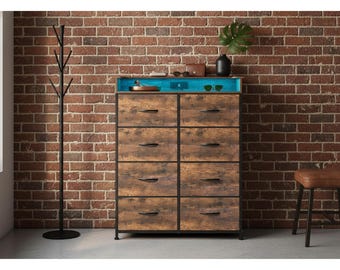 Tall 8 Drawer LED Dresser with Charging Station, Narrow Bedroom Chest with Wood Top & Steel Frame, Modern Closet Organizer for Hallway