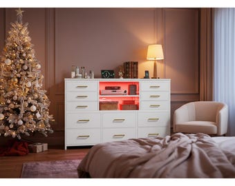 12 Drawer LED Fabric Dresser with Charging Station & Shelves, TV Stand for 55-60 Inch TV, Wide Bedroom Storage Chest
