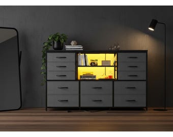 12 Drawer LED Dresser with Charging Station, TV Stand for 55-60 Inch TV, Fabric Storage Dresser with Shelves, Modern Bedroom Organizer