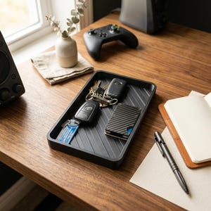 May include: A rectangular black valet tray with a diagonal ribbed pattern on the base. The tray holds a set of metal keys with a Toyota fob and a blue rectangular tag, along with a black carbon fiber textured wallet with a blue accent.