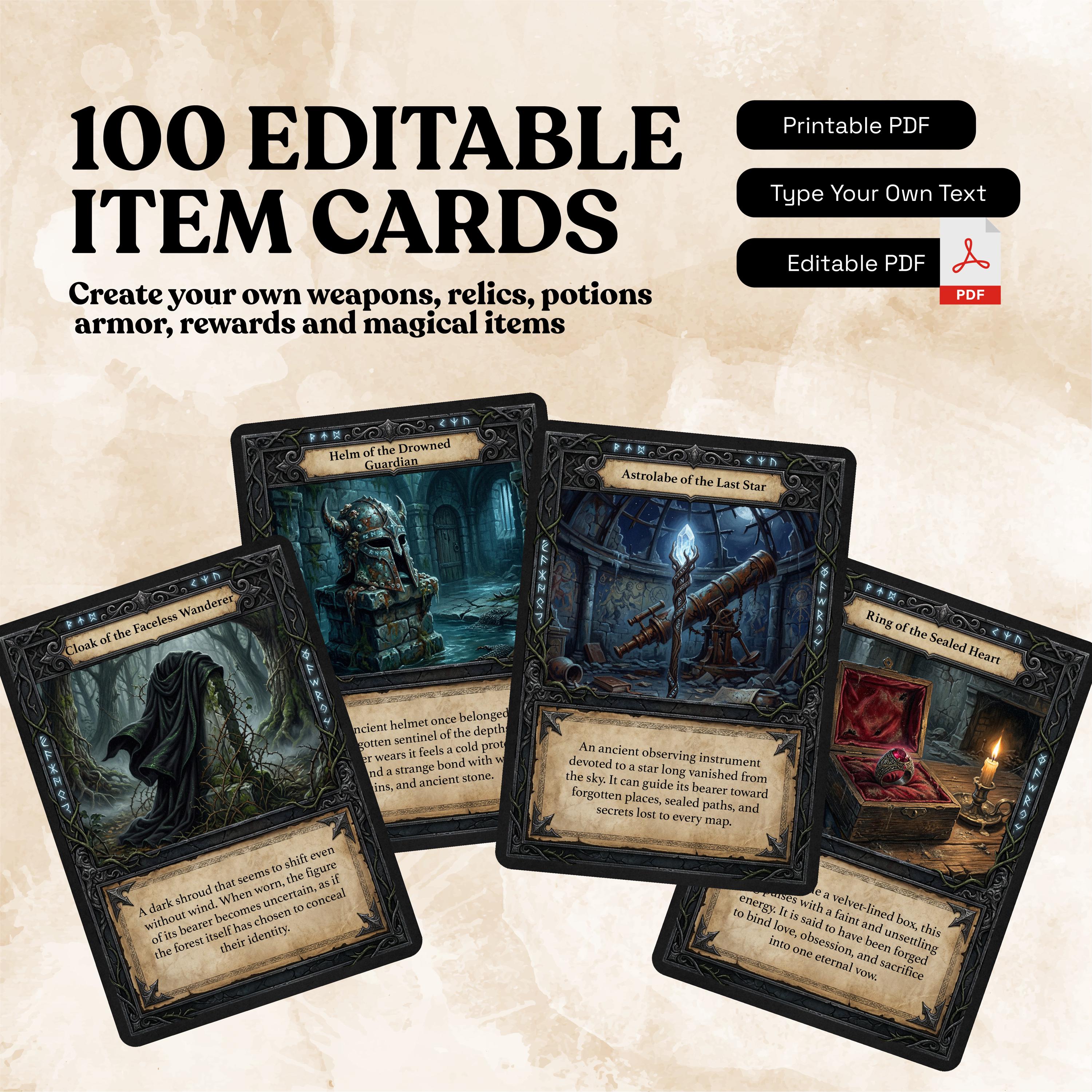 100 Editable Item Cards for Dnd, Printable Fantasy RPG Loot Cards PDF ...