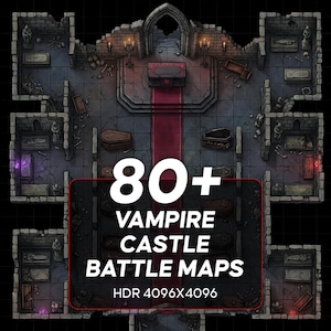 May include: Overhead view of a vampire castle battle map with multiple rooms, coffins, and stone walls. The image includes the text "80+ Vampire Castle Battle Maps" in white letters on a red background. The map is HDR 4096x4096.