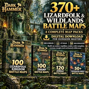 Peut inclure: Un ensemble de produits numériques intitulé Dark Hammer 370+ Lizardfolk & Wildlands Battle Maps, comprenant quatre packs avec 100 cartes de royaume, 100 de marais, 120 de jungle et 50+ de forêt enchantée pour maîtres de donjon, en téléchargement.