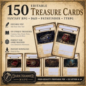 Può includere: Un set di carte del tesoro fantasy con il testo "150 Carte del Tesoro Modificabili". Le carte presentano immagini di tesori e spazi per le descrizioni. Il design include il testo "Fantasy RPG, D&D, Pathfinder, TTRPG" e "Dark Hammer Maps."