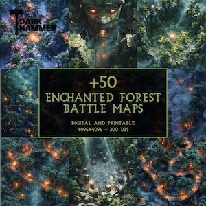 Puede incluir: Un collage de arte digital que presenta múltiples mapas de batalla de bosques de fantasía. La imagen incluye el texto "+50 Enchanted Forest Battle Maps" y "Digital and Printable". Los mapas representan escenas de bosque con puentes, senderos y luces brillantes.