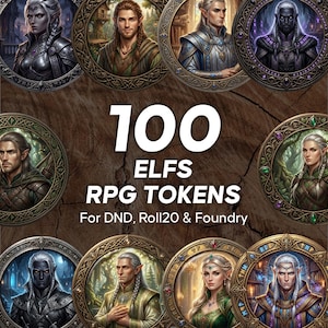 May include: A set of 100 Elf RPG tokens, showcasing diverse elf portraits. These tokens are designed for use in Dungeons & Dragons, Roll20, and Foundry. The image includes the text "100 Elfs RPG Tokens For DND, Roll20 & Foundry."