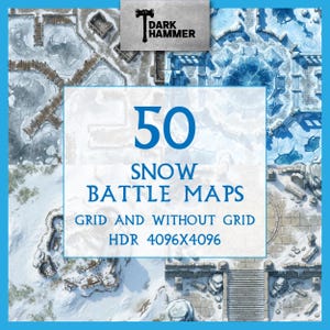 Puede incluir: Un conjunto de 50 mapas de batalla de nieve, con y sin cuadrícula, con resolución HDR 4096x4096. Los mapas muestran paisajes nevados detallados con terrenos helados, puentes y estructuras. El logotipo de Dark Hammer está en la parte superior.
