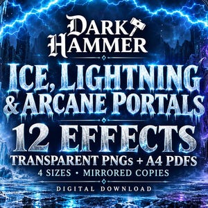 Puede incluir: Un gráfico de descarga digital con el texto Dark Hammer, Ice, Lightning & Arcane Portals, 12 Effects, Transparent PNGs + A4 PDFs, 4 Sizes, Mirrored Copies, Digital Download. El fondo muestra hielo azul y un portal de color púrpura.