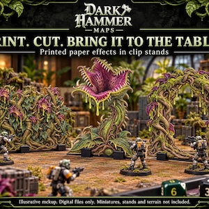 May include: Dark Hammer Maps printed paper effects in clip stands featuring a large purple and green carnivorous plant, a dense vine wall, and a vine archway. The text reads: DARK HAMMER MAPS. PRINT. CUT. BRING IT TO THE TABLE. Printed paper effects in clip stands.