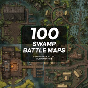 Peut inclure: Image numérique présentant quatre cartes de bataille de marais. Les cartes présentent des illustrations détaillées de structures en bois, de cours d'eau et de végétation. Le texte "100 SWAMP BATTLE MAPS" est affiché, ainsi que "GRID AND WITHOUT GRID HDR 4096X4096".