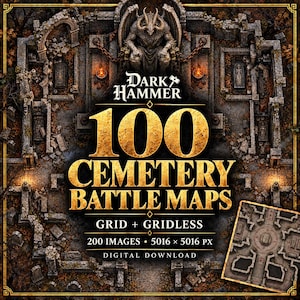 May include: A digital collection titled Dark Hammer 100 Cemetery Battle Maps featuring a top-down view of a stone graveyard with a central gargoyle statue. The text includes Grid + Gridless, 200 Images, 5016 x 5016 px, and Digital Download.