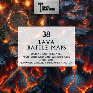Puede incluir: Mapas de batalla de lava digitales e imprimibles con y sin cuadrícula. La imagen presenta un paisaje de fuego con el texto "38 LAVA BATTLE MAPS". Incluye 3 tamaños de archivo: 4096x4096, 3264x5824 y 8192x8192.