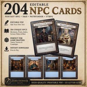 Może przedstawiać: Obraz promocyjny zestawu 204 edytowalnych kart NPC do gier RPG fantasy. Karty zawierają ilustracje różnych postaci, w tym magistrata i kapłana świątynnego. Tekst na obrazie zawiera "Natychmiastowe pobieranie" i "Drukuj i graj."