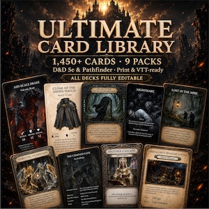 May include: A collection of fantasy game cards titled Ultimate Card Library, featuring 1,450+ cards across 9 packs. The cards display dark, detailed illustrations of creatures, items, and characters with text descriptions for D&D 5e and Pathfinder.