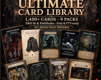 May include: A collection of fantasy game cards titled Ultimate Card Library, featuring 1,450+ cards across 9 packs. The cards display dark, detailed illustrations of creatures, items, and characters with text descriptions for D&D 5e and Pathfinder.