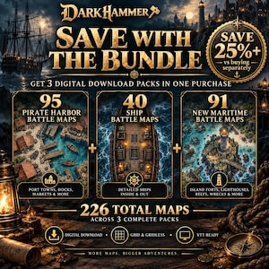 Könnte beinhalten: Eine digitale Bündel-Werbung für Dark Hammer mit insgesamt 226 Karten in drei Paketen: 95 Piratenhafen-Kampfkarten, 40 Schiff-Kampfkarten und 91 neue maritime Kampfkarten. Die Grafik enthält Text, Symbole und nautische Darstellungen.