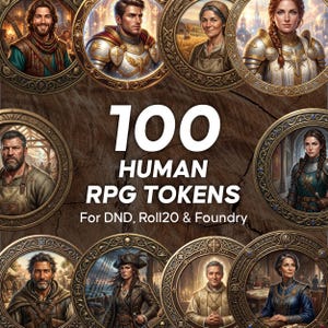 100 mänskliga RPG-karaktärsmarkörer, Fantasy VTT-porträtt (PDF-nedladdning)