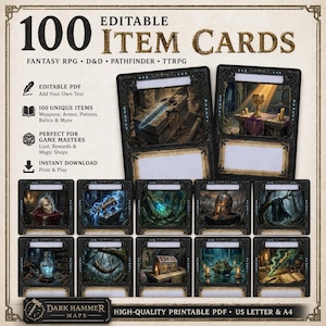 May include: Image of 100 editable item cards for fantasy RPGs, including D&D and Pathfinder. The cards feature fantasy illustrations and space for custom text. The product is a high-quality printable PDF, available in US Letter and A4 sizes.