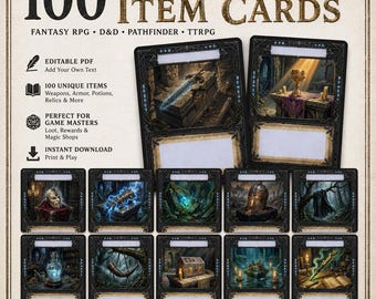 100 fichas de objetos editables para DnD, fichas de botín imprimibles para juegos de rol de fantasía en PDF, objetos mágicos, armas, reliquias, herramientas para el director de juego de juegos de rol de mesa.