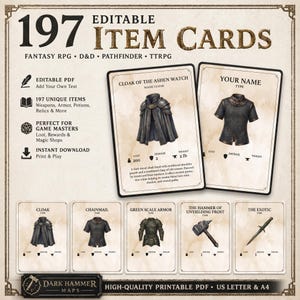 Puede incluir: Un PDF imprimible con 197 tarjetas de objetos editables para juegos de rol de fantasía. La imagen muestra ejemplos de tarjetas, como una capa y una cota de malla. El texto de la imagen dice "197 Item Cards".