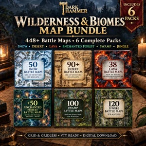 May include: A digital map bundle titled Dark Hammer Wilderness & Biomes containing 448 battle maps across 6 packs. The collection features snow, desert, lava, enchanted forest, swamp, and jungle themes with grid and gridless options for VTT.
