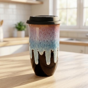 16 oz Ceramic Travel Mug with Silicone Lid & Sleeve – Handmade Pottery Coffee Tumbler, Reusable Eco Friendly Cup