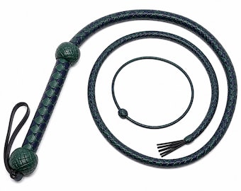 Premium Dark Green Navy Leather Bull Whip  Hand Braided Genuine Leather Whip with Strong Grip Handle  Professional Training Performance Whip