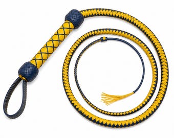Handmade Yellow  Blue Leather Bull Whip – Premium Braided Whip with Strong Grip Handle | Training, Performance & Collector Gear