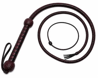 Premium Dark Maroon & Black Leather Bull Whip  Hand Braided Genuine Leather Whip with Strong Grip Handle  Durable Training  Performance Whip