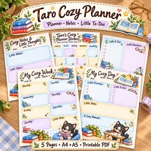 Pode incluir: Um conjunto Taro Cozy Planner com cinco páginas PDF imprimíveis nos tamanhos A4 e A5. As folhas incluem seções para planejamento diário e semanal, notas e listas de tarefas, decoradas com ilustrações de livros, plantas e um gato de óculos.