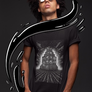 May include: Black t-shirt featuring a grayscale graphic of a geometric structure with eyes and roots, set against a starry sky. The design is centered on the shirt. The person is wearing sunglasses.