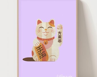 Maneki Neko Lucky Cat Druck, Retro Japandi Boho Kinderzimmer Wandkunst