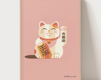 Maneki Neko Lucky Cat Druck, Retro Japandi Boho Kinderzimmer Wandkunst