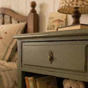 May include: A sage green wooden nightstand featuring a single drawer with a brass snail-shaped pull handle. The furniture piece has a rectangular top, a recessed drawer panel, and an open lower shelf area for storage of books and small items.
