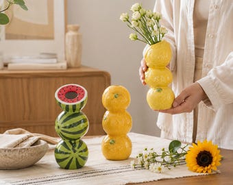 Jarrón de cerámica nórdico con frutas, jarrón minimalista para arreglos florales, decoración de mesa con diseño de limón y sandía, jarrón moderno para flores pequeñas.