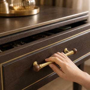 Schrankgriff aus Walnussholz und Messing, Japandi-Schubladengriff, Möbelbeschläge aus der Mitte des 20. Jahrhunderts, minimalistischer Kleiderschrankgriff, luxuriöser Holz-Schrankknopf