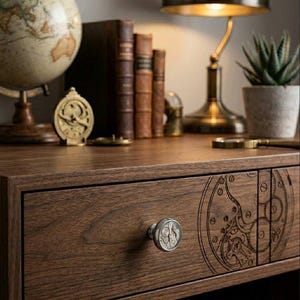 Può includere: Una scrivania in legno marrone scuro con un cassetto con un design a ingranaggi e un pomello argentato. La scrivania è decorata con un mappamondo, libri, una lampada e una pianta succulenta in vaso. La scrivania ha un'estetica vintage e antica.