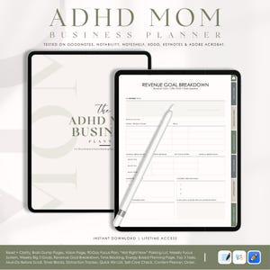 Op de afbeelding: Twee digitale tablets met een businessplanner. De bovenste tekst luidt "ADHD MOM BUSINESS PLANNER". Eén tablet toont een pagina met de tekst "The ADHD Mom Business Plan". De andere tablet toont een pagina "Revenue Goal Breakdown". Een stylus ligt op de tweede tablet.