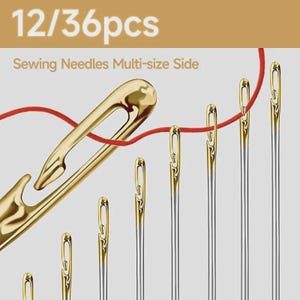 May include: A set of sewing needles in various sizes, with gold-colored eyes and silver shafts. A large, gold-colored needle is featured prominently, with red thread running through it. The text "12/36pcs" and "Sewing Needles Multi-size Side" are visible.