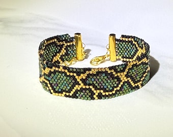 Miyuki Delica 11/0 Beaded Bracelet | Green Gold Snakeskin Pattern Handmade Jewelry