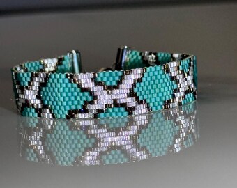 Snake Pattern Miyuki Delica Bracelet, Teal Beaded Bracelet, Slim Handmade Bracelet, Adjustable Slider Jewelry Gift