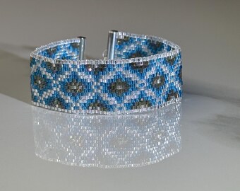 Miyuki Delica 11/0 Beaded Bracelet | Geometric Pattern, Blue, Brown and Silver