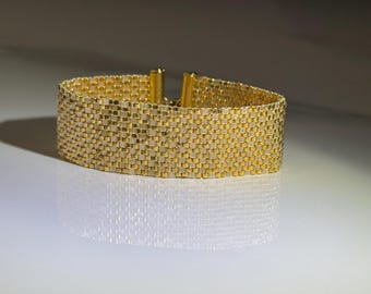 Handmade Gold Miyuki Delica 11/0 Bracelet | Wide Minimalist Beaded Bracelet | Elegant Statement Jewelry