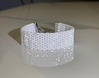 White Miyuki Delica Bracelet, Iridescent Beaded Bracelet, Adjustable Slider Bracelet, Handmade Jewelry Gift