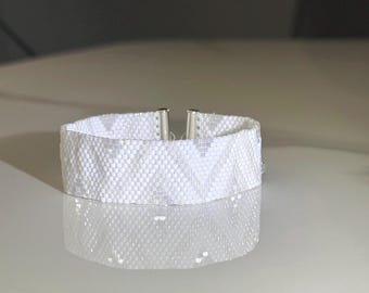 Handmade White Miyuki Delica 11/0 Bracelet | Minimalist Wide Beaded Bracelet | Elegant Statement Jewelry