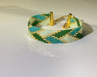 Miyuki Delica 11/0 Beaded Bracelet | Green Turquoise Snake Pattern, Gold Accent