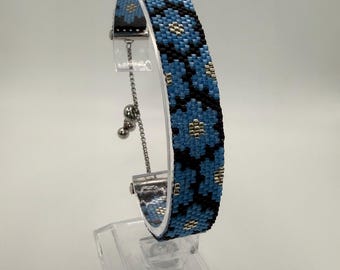Blue Floral Miyuki Delica 11/0 Beaded Bracelet | Handmade Adjustable Cuff Bracelet | Floral Seed Bead Jewelry | Gift for Her