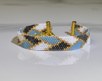 Handmade Miyuki Bracelet 11/0, Beaded Bracelet Blue White Gold, Adjustable Bracelet, Minimalist Jewelry, Gift for Her
